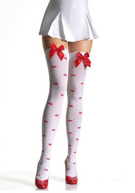 Lycra Opaque Thigh High Nylon Stocking with Lips Pattern and Satin Bow Leg Avenue Style# 6259-WHTRED