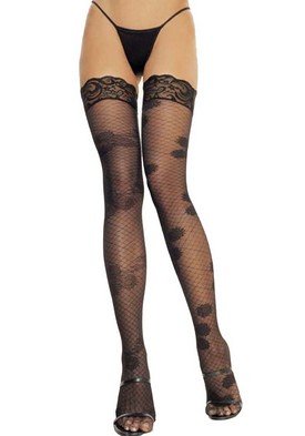 Lycra Sheer Net Thigh High Nylon Stocking with Flower Leg Avenue Style# 9703-BLK-OS