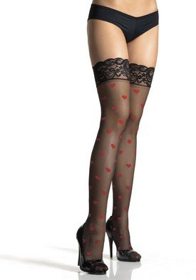 Lycra Sheer Thigh High Nylon Stocking with Lace Top and Woven Heart Print Leg Avenue Style# 1017-BLK