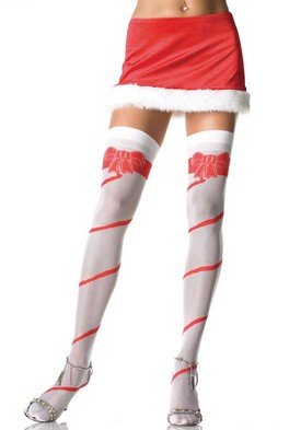 Lycra Sheer Thigh High Nylon Stocking with Woven Bow and Candy Cane Stripes Leg Avenue Style# 1505-W