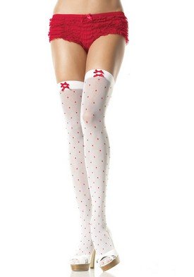Mesh Thigh High Nylon Stocking with Woven Red Dots and Mini Bows Leg Avenue Style# 6291-RED-OS