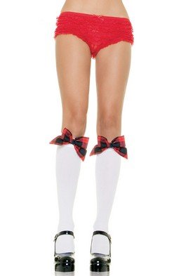 Opaque Knee High Stocking Socks with Plaid Bow Leg Avenue Style# 5560-WHITE-OS