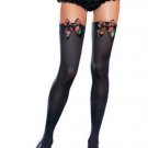 Opaque Thigh High Nylon Stocking with Cherry Printed Satin Bow Leg Avenue Style# 6300-BLKRED-OS