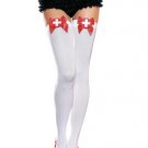 Opaque Thigh High Nylon Stocking with Satin Bow and Nurse Red Cross Badge Leg Avenue Style# 6250-WHT