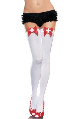 Opaque Thigh High Nylon Stocking with Satin Bow and Nurse Red Cross Badge Leg Avenue Style# 6250-WHT