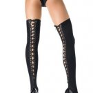 Opaque Thigh High Nylon Stocking with Satin Lace Up Back and Eyelet Trim Leg Avenue Style# 6289-BLK-