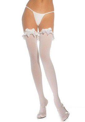 Opaque Thigh High Nylon Stocking with Satin Ruffle Trim and Bow Leg Avenue Style# 6010-WHT-OS