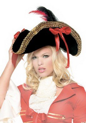 Pirate Hat with Thick Gold Trim Bow Top and Feather Leg Avenue Style# 2099-BLKRED-OS