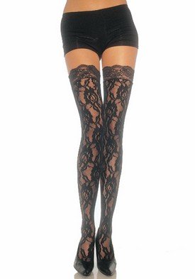 Rose Lace Thigh High Nylon Stocking with Lace Top Leg Avenue Style# 9762-BLK-OS
