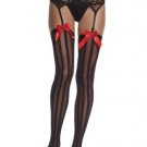 Sheer and Opaque Thigh High Nylon Stocking with Vertical Stripes Satin Bow and Sequined Heart Leg Av
