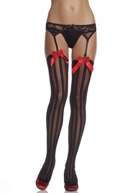 Sheer and Opaque Thigh High Nylon Stocking with Vertical Stripes Satin Bow and Sequined Heart Leg Av