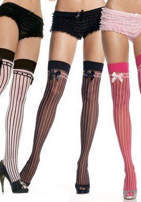 Sheer Thigh High Nylon Stocking with Black Opaque Vertical Stripes and Satin Bow Leg Avenue Style# 9