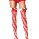 Sheer Thigh High Nylon Stocking with Candy Cane Print and Satin Bow Leg Avenue Style# 1508-RedWhite-