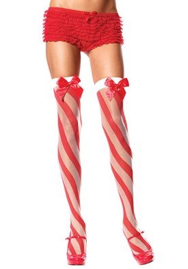 Sheer Thigh High Nylon Stocking with Candy Cane Print and Satin Bow Leg Avenue Style# 1508-RedWhite-