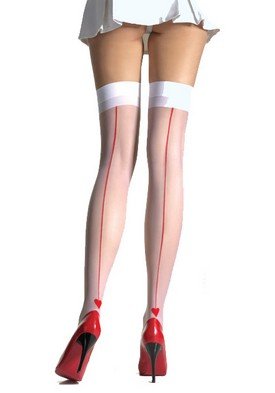 Sheer Thigh High Nylon Stocking with Contrast Back Seam and Woven Heart Leg Avenue Style# 1019-WHTRE