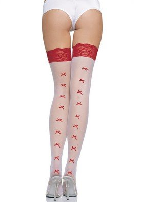 Sheer Thigh High Nylon Stocking with Contrast Lace Top and Satin Bow Back Seam Leg Avenue Style# 102