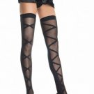Sheer Thigh High Nylon Stocking with Opaque Woven Criss Cross Pattern Leg Avenue Style# 9217-BLK-OS