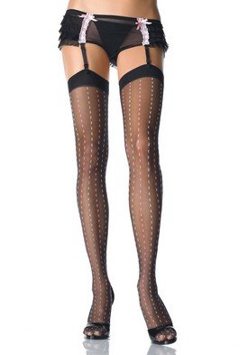 Sheer Thigh High Nylon Stocking with Woven Dotted Pin Stripes Leg Avenue Style# 1604-BLKPNK-OS