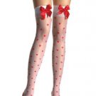 Sheer Thigh High Nylon Stocking with Woven Heart Print and Satin Bow Leg Avenue Style# 1018-WHTRED-O