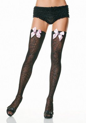Spider Web Lace Thigh High Nylon Stocking with Satin Bow and Plastic Spider Charm Leg Avenue Style#