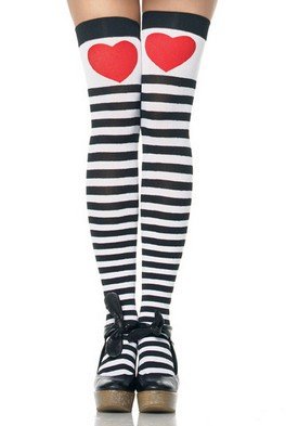 Stripe Thigh High Nylon Stocking with Heart Print Top Leg Avenue Style# 6008-BLKWHT-OS