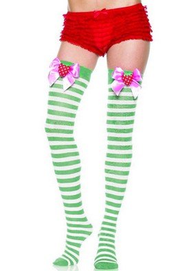 Stripe Thigh High Nylon Stocking with Satin Bow and Plush Strawberry Accent Leg Avenue Style# 6252-G