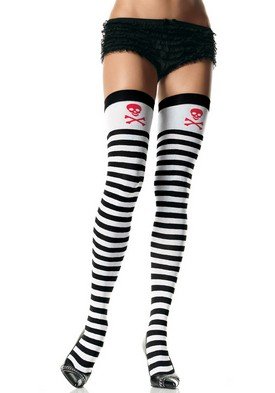 Stripe Thigh High Nylon Stocking with Skull Print Top Leg Avenue Style# 6007-BLACKWHITE-OS