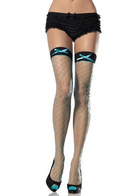 Two Tone Lycra Diamond Net Thigh High Nylon Stocking with Satin Bow Leg Avenue Style# 9064-TURQ-OS
