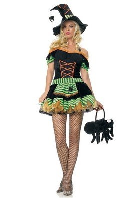 2PC Black Widow Witch Sexy Halloween Party Costume Leg Avenue Style# 83273-BLKORGNGRN-SM