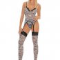 3PC Zebra Print Camisole Sexy Lingerie Intimate Apparel with Garter Belt G-String and Stocking Leg A