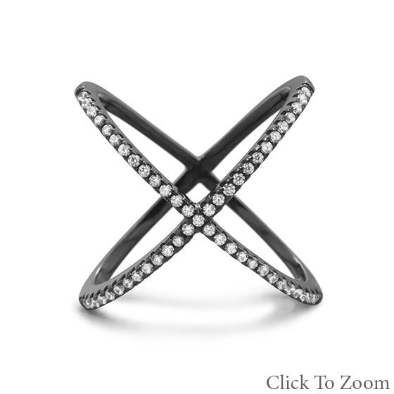 Black Cobalt Plated Criss Cross 'X' Ring with Signity CZs