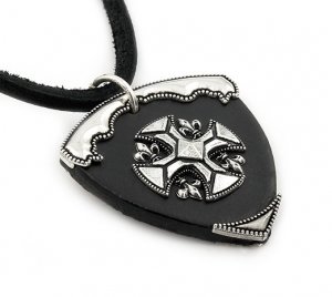 BLACK LEATHER CROSS W/FLEUR-DE-LIS
