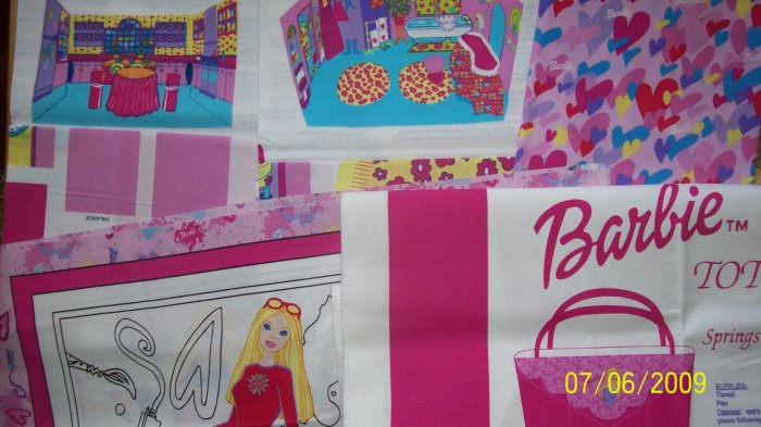 SAVE! Barbie Mattel Pink Kids Cotton 5 Piece Fabric Lot with Panels Yardage
