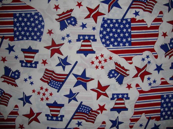F8 Americana Stars & Stripes Map Flag Bell on White Fabric by Oakhurst Textiles Fat Eighth F8th