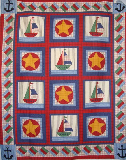 Nautical Baby Sailboat Anchor Quilt Top Cotton Kids Fabric Panel LAST ONE!