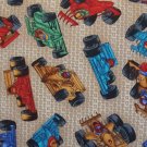 BTY Indy Race Cars on Tan Cotton Fabric by Shamash & Sons By the Yard