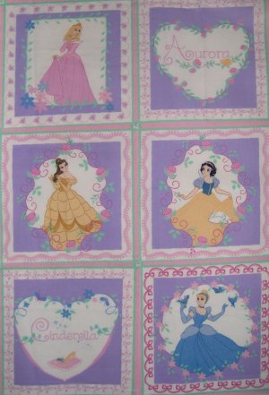 Disney Princess Aurora Belle Cinderella & Snow White Quilt Blocks Pink Fabric Panel
