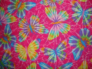 FQ Rainbow Hot Tie Dyed Butterflies on Pink Cotton Fabric Fat Quarter