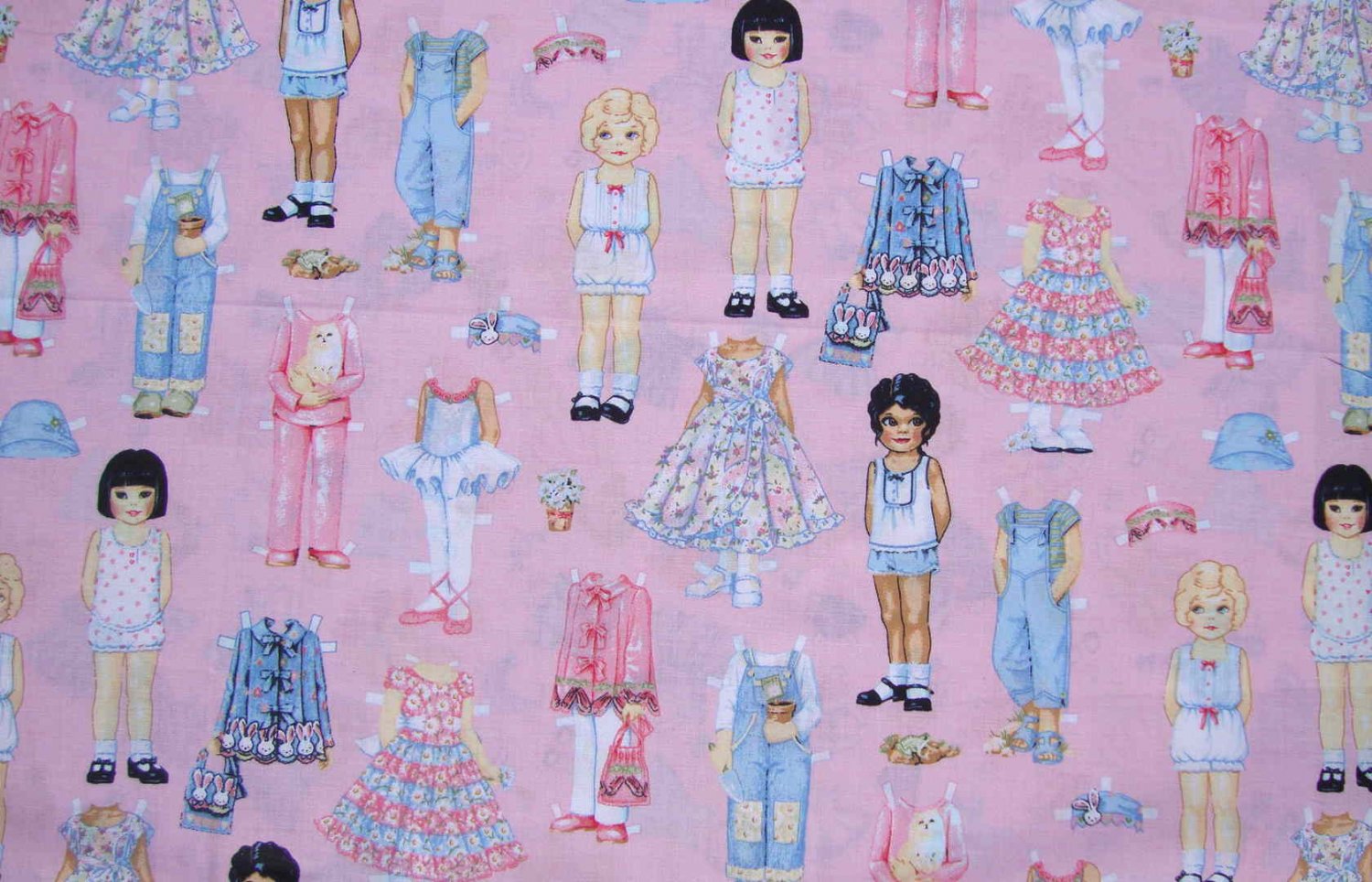 FQ Paper Dolls Clothes Accessories on Pink Fabric Traditions Cotton