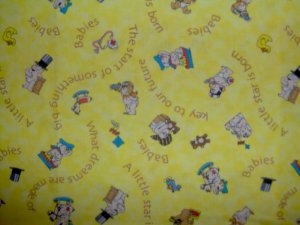 BTY Key to the Future Yellow Famous Baby and Toy Toss Cartoon Kids Fabric by Print Concepts