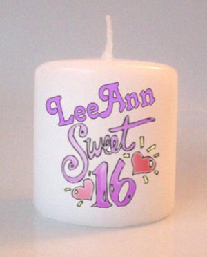Birthday Sweet 16  Small Pillar Candles Custom Favors Add to Gift baskets Personalized