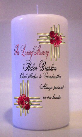 MEMORIAL Gold Red Roses 6 inch Pillar Candles Custom Personalized