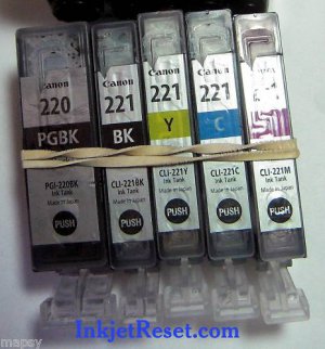 5 Empty Virgin Canon CLI-221 PGI-220 cartridges + Chip RESETTER