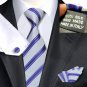 Purple Satin & Textured White Stripe Tie 100% Silk Handkerchief Cufflinks