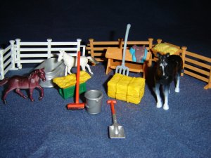 16 Pc Barn Stable Accessories and Horses Including Breyer Keenway Hay Manger Saddle Stand Trough