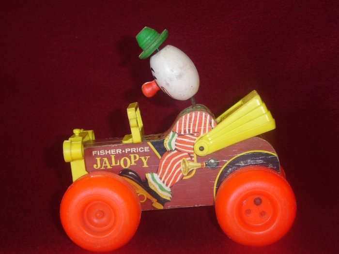 Vintage Fisher Price 724 Jolly Jalopy Wooden Pull Toy With Bobblehead Clown