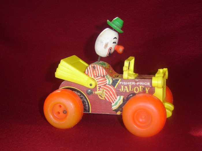 Vintage Fisher Price 724 Jolly Jalopy Wooden Pull Toy With Bobblehead Clown