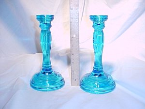 Tiara Glassware -- Blue Candlesticks