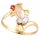 14K Tri Color Gold Praying Hand & Cross CZ Ring