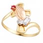 14K Tri Color Gold Praying Hand & Cross CZ Ring